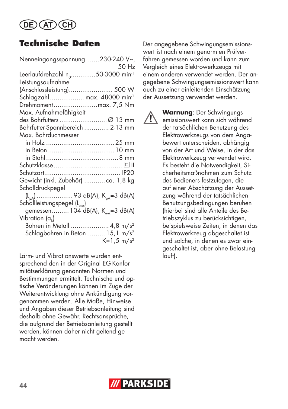 Technische daten, De at ch | Parkside PSBM 500 B3 User Manual | Page 44 / 60