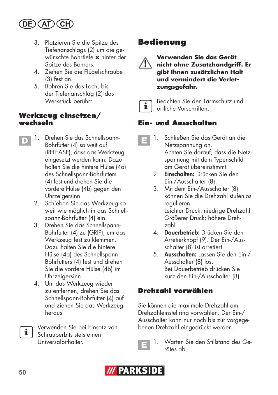 Bedienung, De at ch | Parkside PSBM 500 B3 User Manual | Page 50 / 60