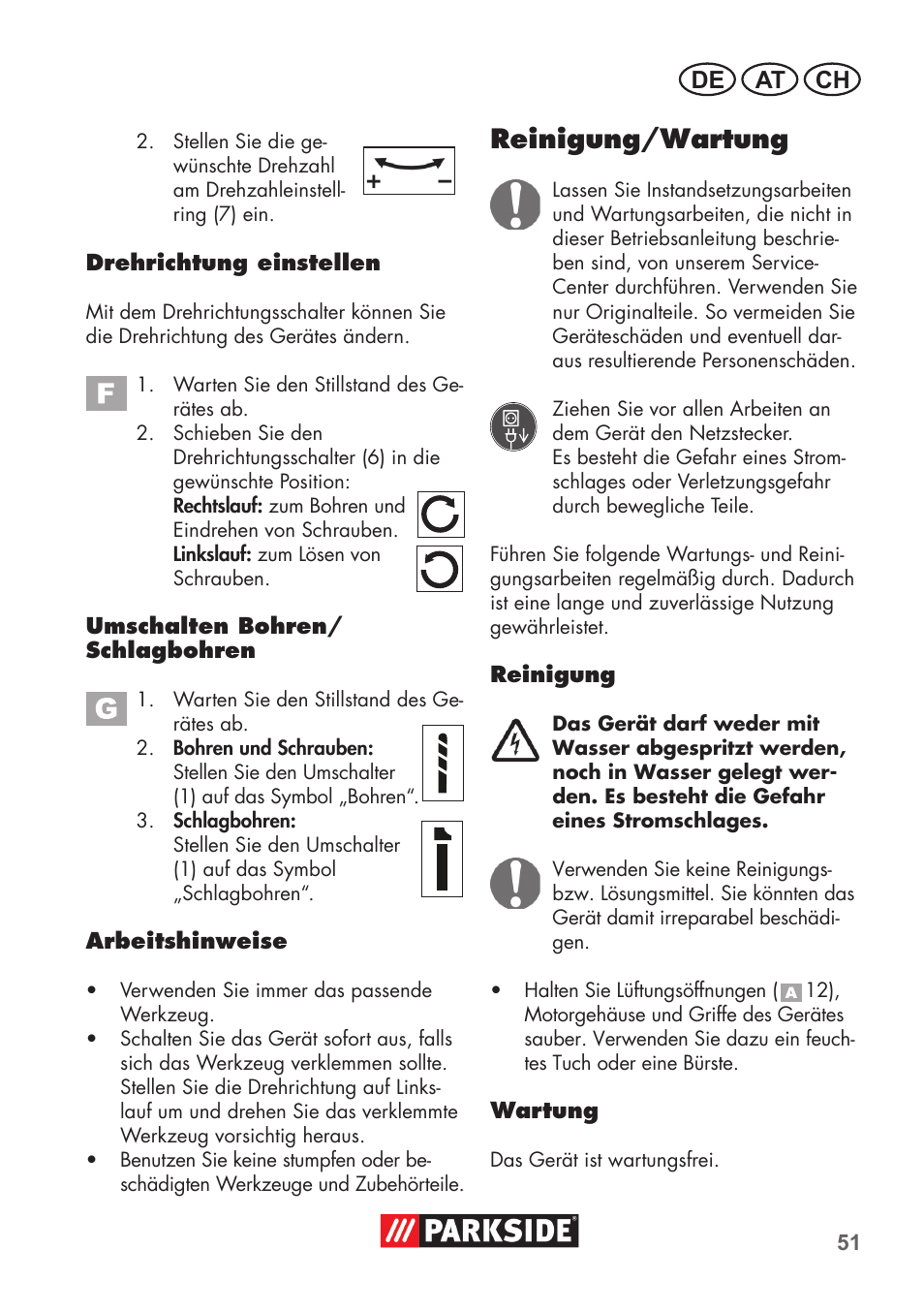 Reinigung/wartung, De at ch | Parkside PSBM 500 B3 User Manual | Page 51 / 60