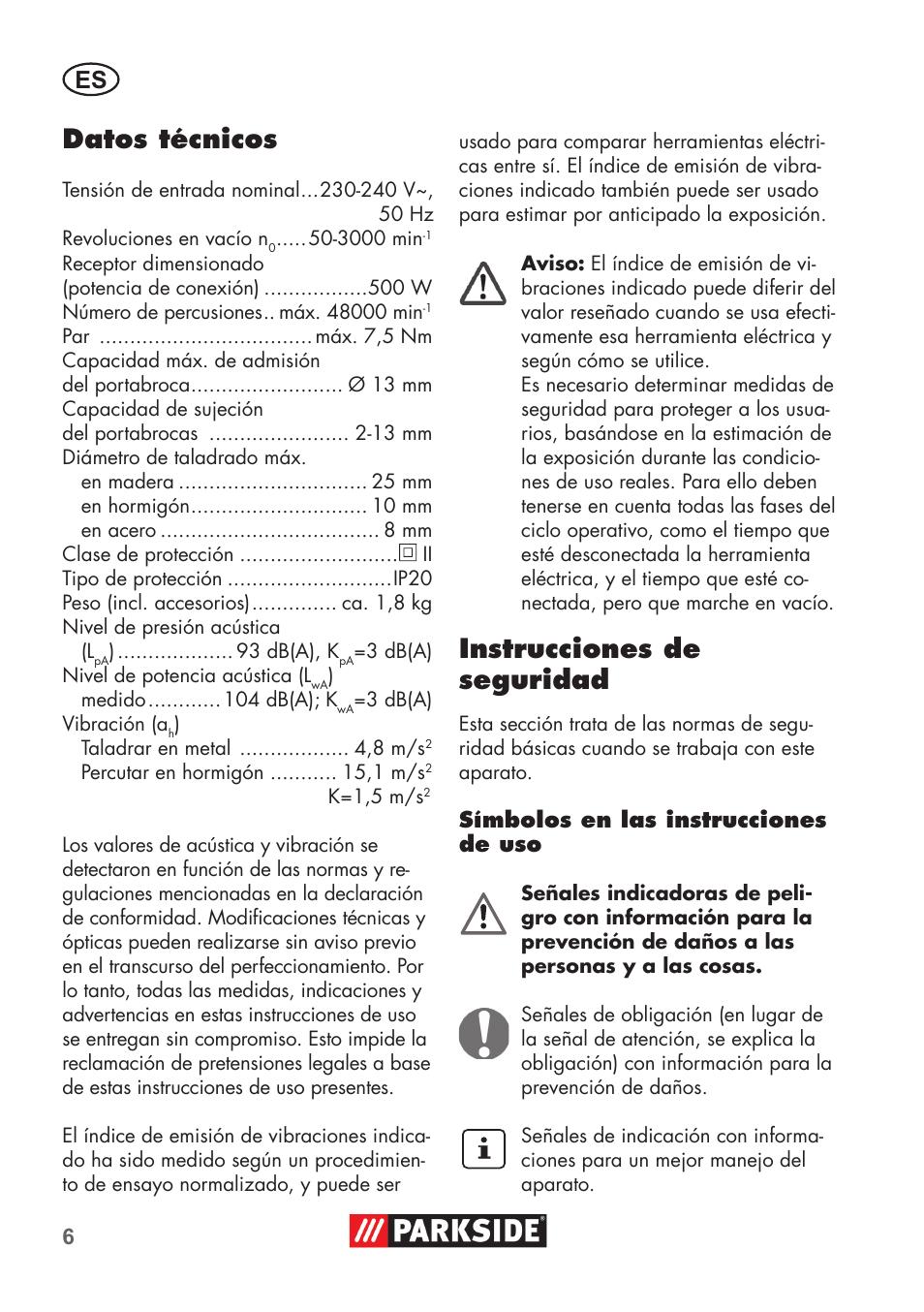 Datos técnicos, Instrucciones de seguridad | Parkside PSBM 500 B3 User Manual | Page 6 / 60