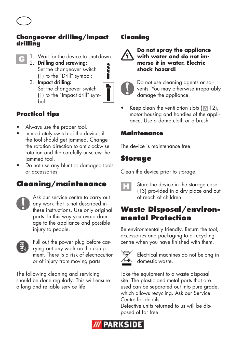 Cleaning/maintenance, Storage, Waste disposal/environ- mental protection | Parkside PSBM 500 B3 User Manual | Page 12 / 96