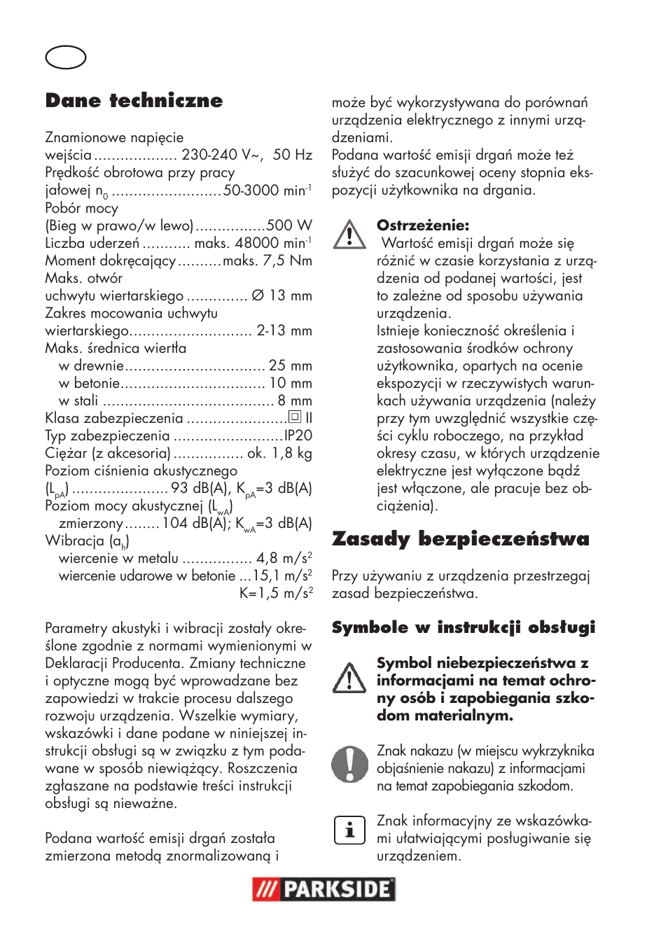 Dane techniczne, Zasady bezpieczeństwa | Parkside PSBM 500 B3 User Manual | Page 18 / 96