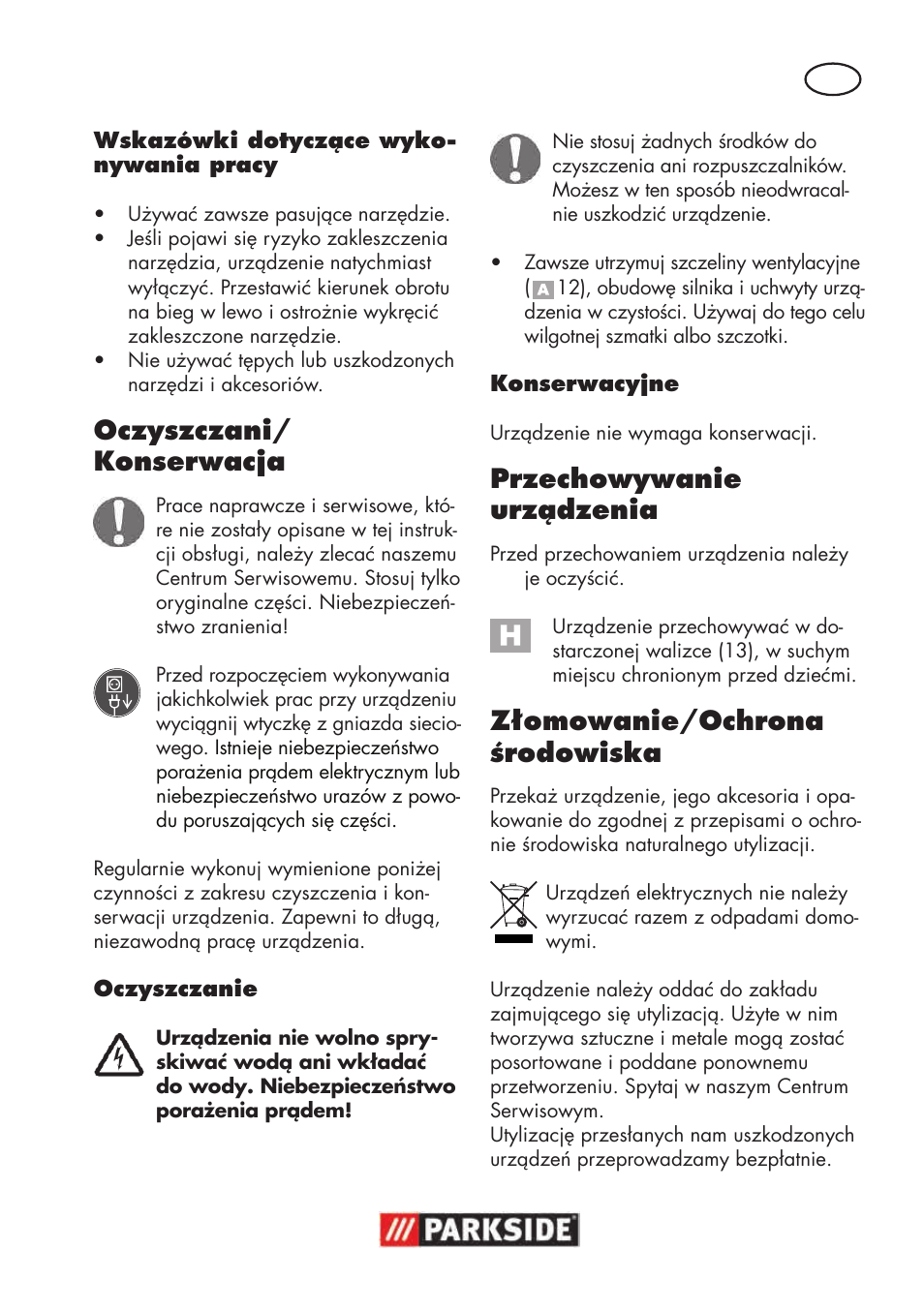 Oczyszczani/ konserwacja, Przechowywanie urządzenia, Złomowanie/ochrona środowiska | Parkside PSBM 500 B3 User Manual | Page 25 / 96