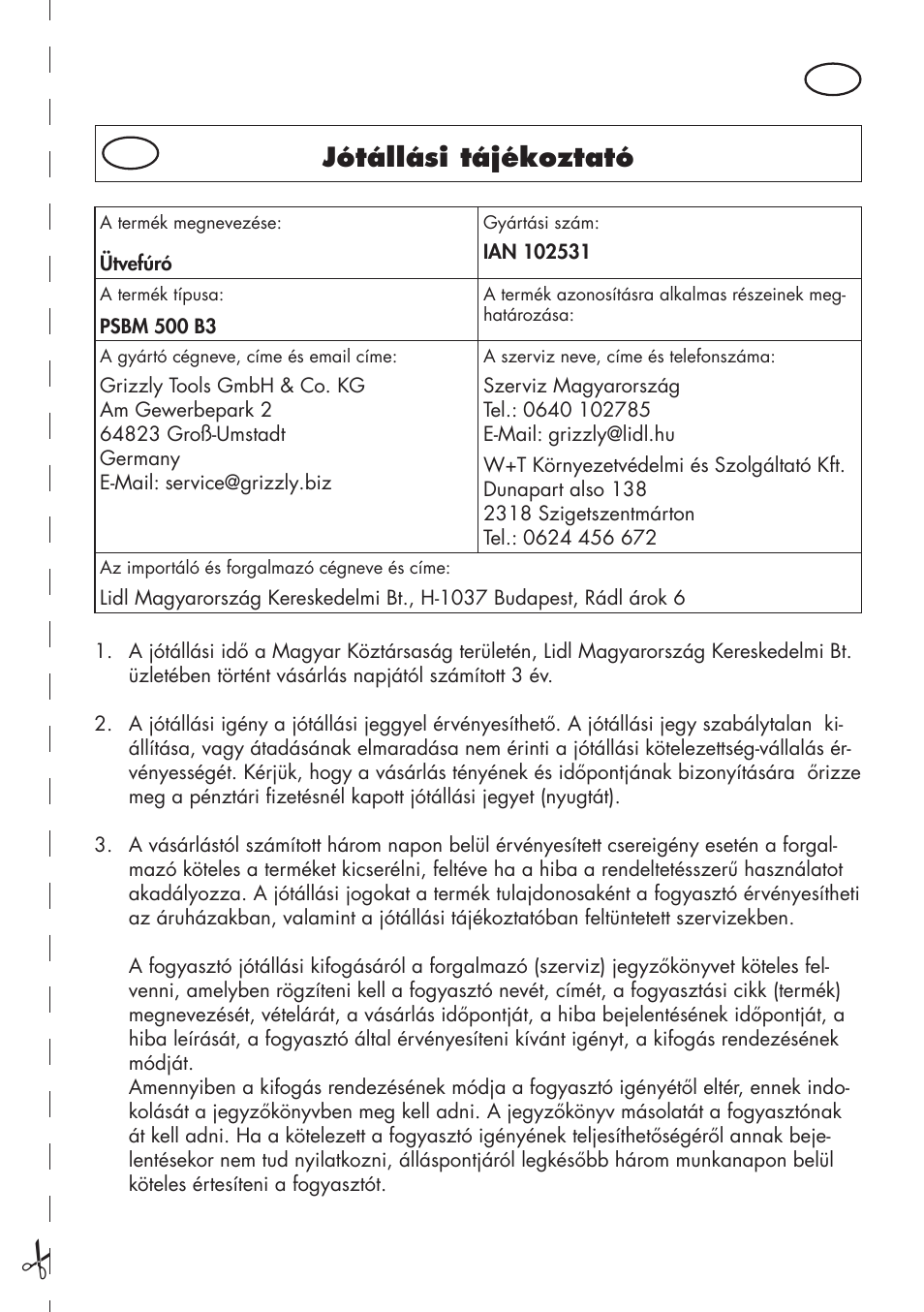 Jótállási tájékoztató | Parkside PSBM 500 B3 User Manual | Page 39 / 96