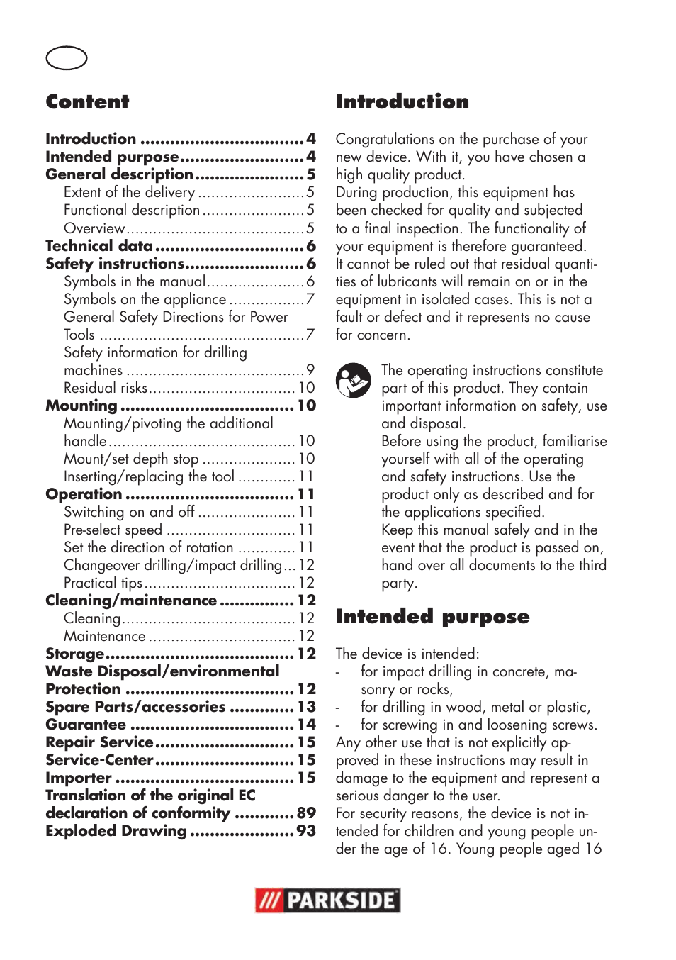 Content, Introduction, Intended purpose | Parkside PSBM 500 B3 User Manual | Page 4 / 96