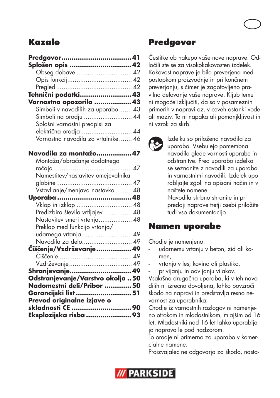 Kazalo, Predgovor, Namen uporabe | Parkside PSBM 500 B3 User Manual | Page 41 / 96