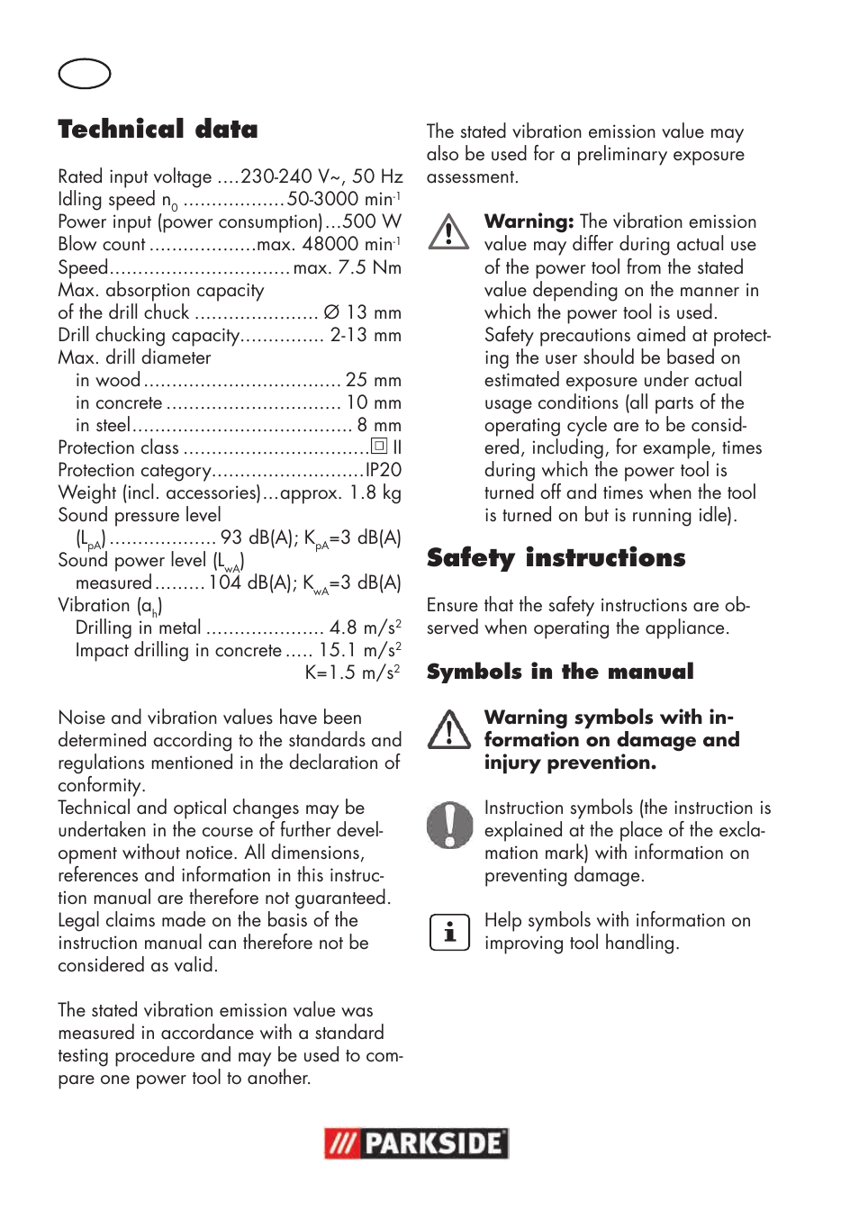 Technical data, Safety instructions | Parkside PSBM 500 B3 User Manual | Page 6 / 96