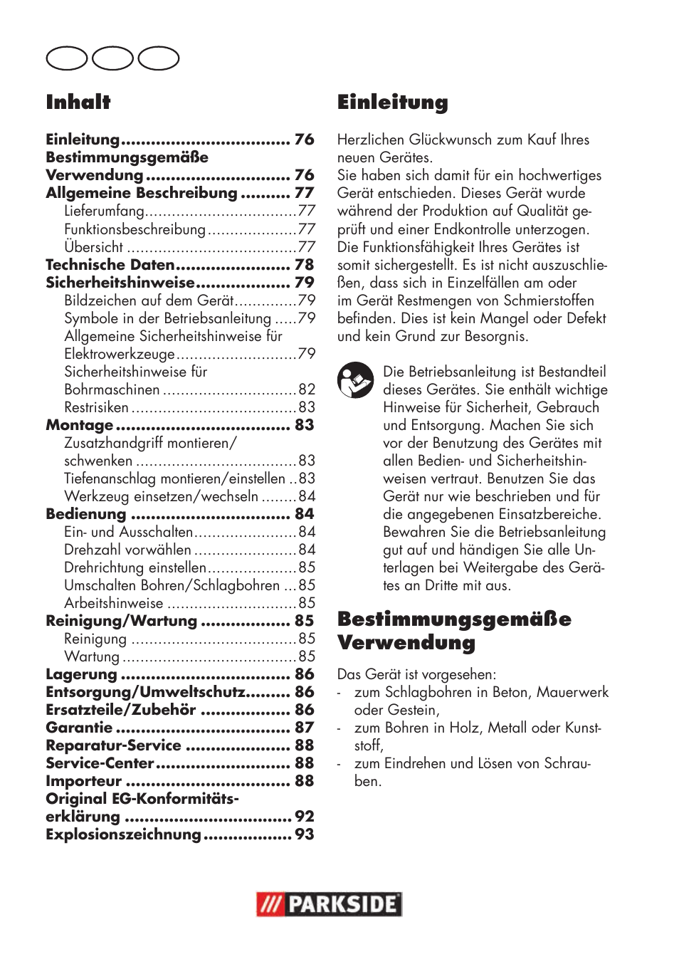 Einleitung, Bestimmungsgemäße verwendung, Inhalt | De at ch | Parkside PSBM 500 B3 User Manual | Page 76 / 96