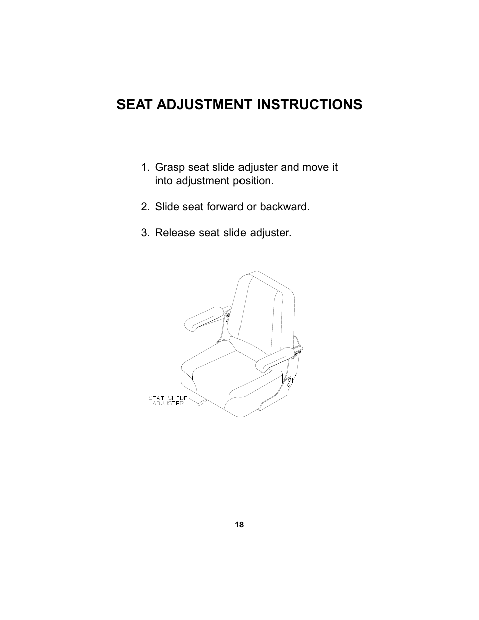 Seat adjustment instructions | Dixon Black Bear 11249-106 User Manual | Page 18 / 52