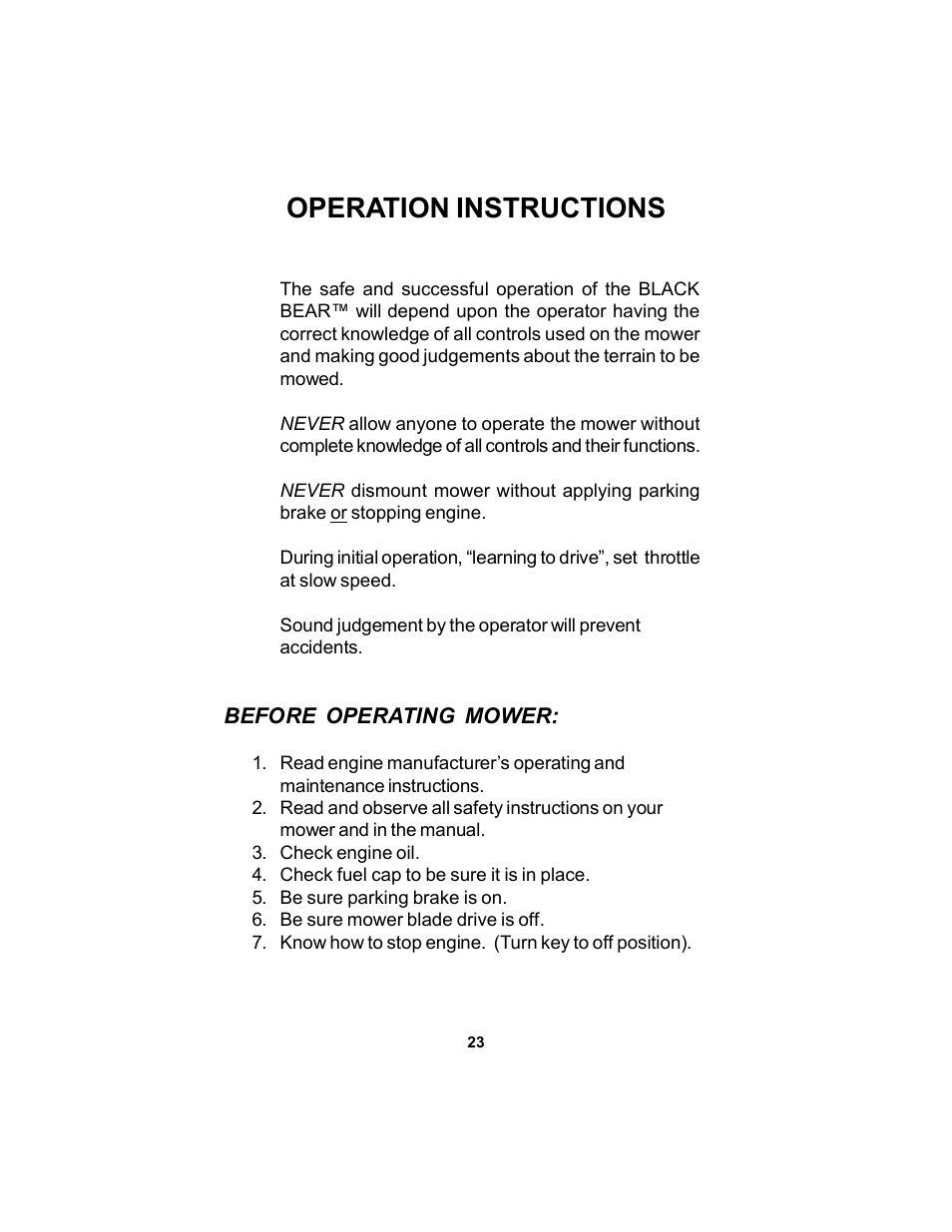 Operation instructions | Dixon Black Bear 11249-106 User Manual | Page 23 / 52