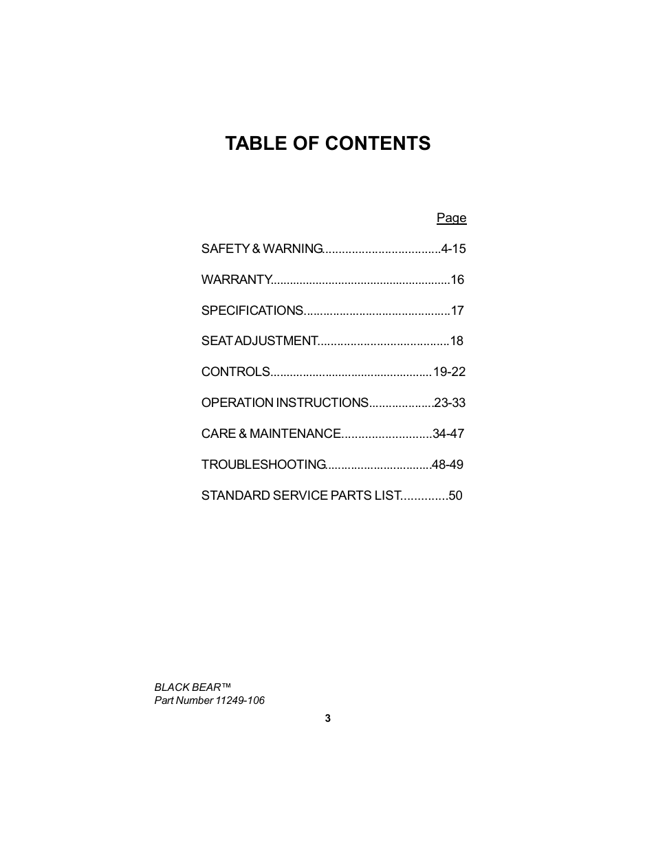 Dixon Black Bear 11249-106 User Manual | Page 3 / 52