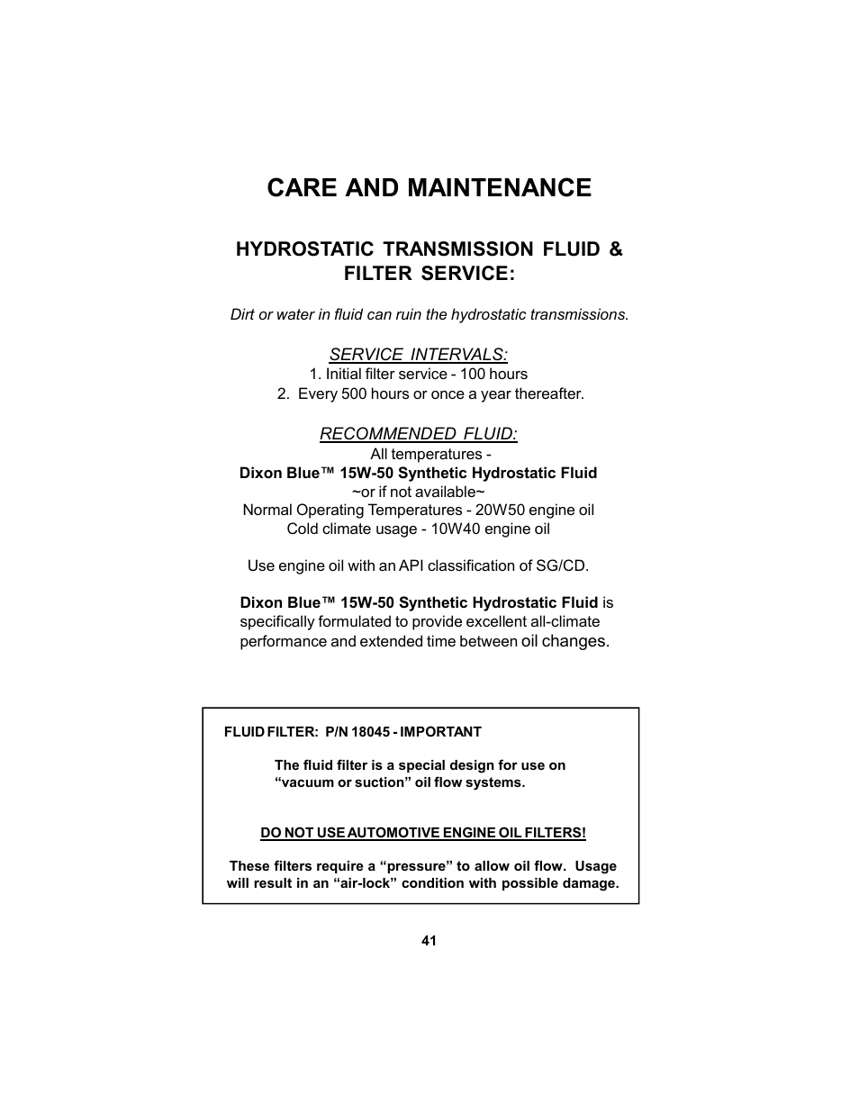 Care and maintenance, Hydrostatic transmission fluid & filter service | Dixon Black Bear 11249-106 User Manual | Page 41 / 52