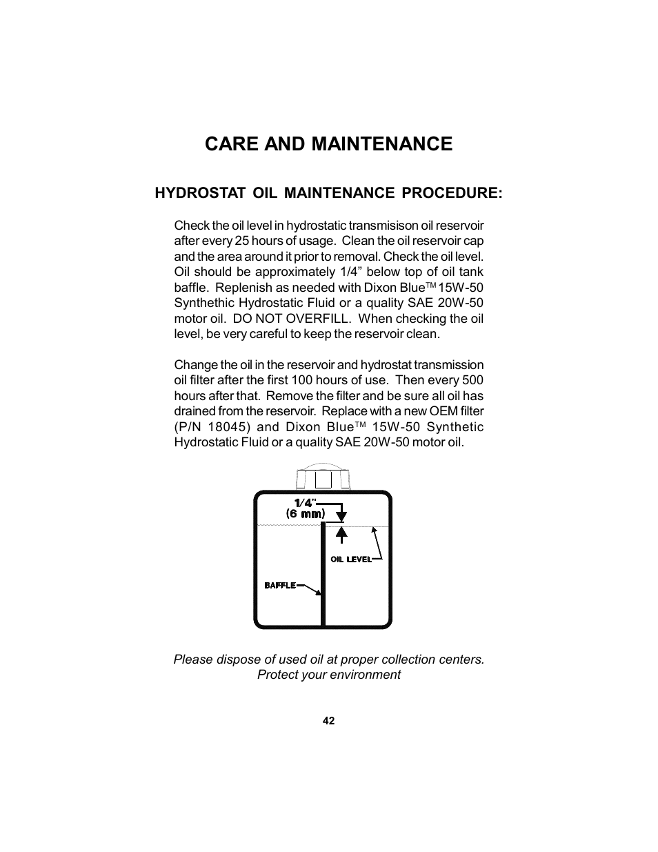 Care and maintenance, Hydrostat oil maintenance procedure | Dixon Black Bear 11249-106 User Manual | Page 42 / 52