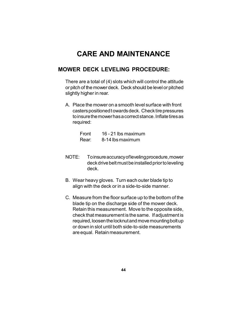 Care and maintenance | Dixon Black Bear 11249-106 User Manual | Page 44 / 52