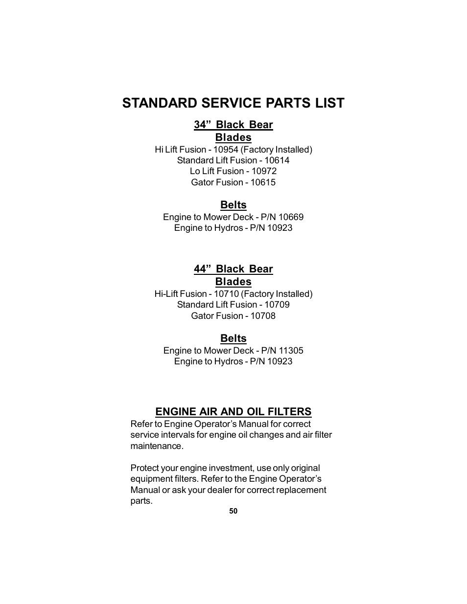 Standard service parts list | Dixon Black Bear 11249-106 User Manual | Page 50 / 52