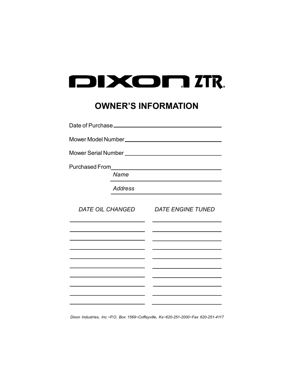 Owner’s information | Dixon Black Bear 11249-106 User Manual | Page 51 / 52