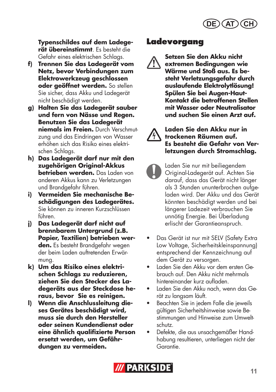 Ladevorgang, De at ch | Parkside PSSA 3.6 C3 User Manual | Page 11 / 58