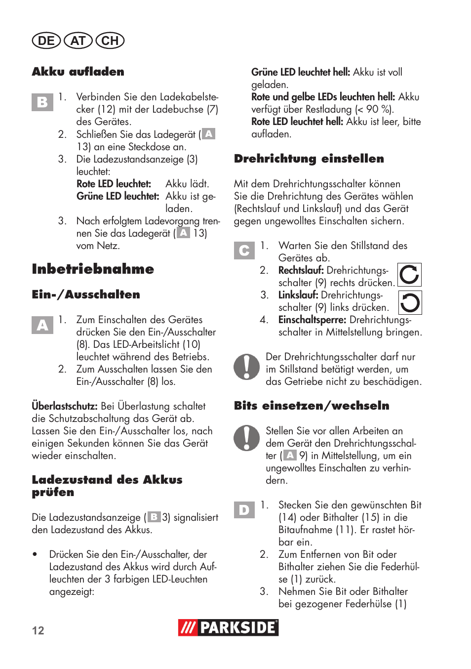 Inbetriebnahme, De at ch | Parkside PSSA 3.6 C3 User Manual | Page 12 / 58