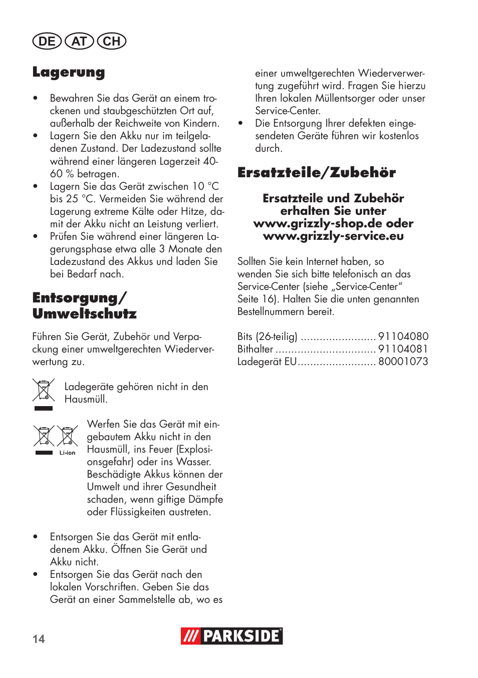 Lagerung, Entsorgung/ umweltschutz, Ersatzteile/zubehör | Parkside PSSA 3.6 C3 User Manual | Page 14 / 58