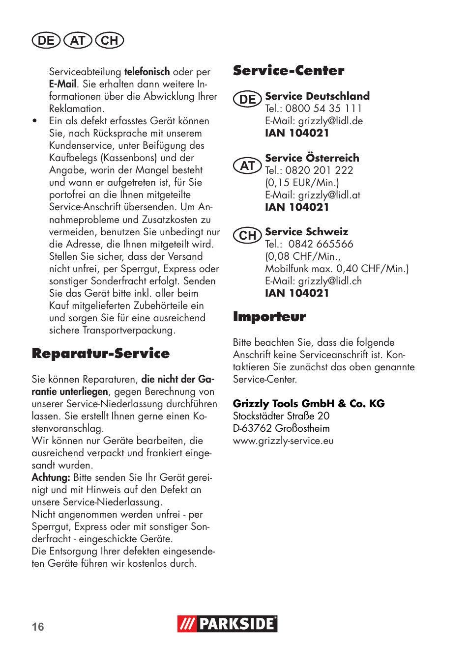 Service-center, Importeur, Reparatur-service | Parkside PSSA 3.6 C3 User Manual | Page 16 / 58