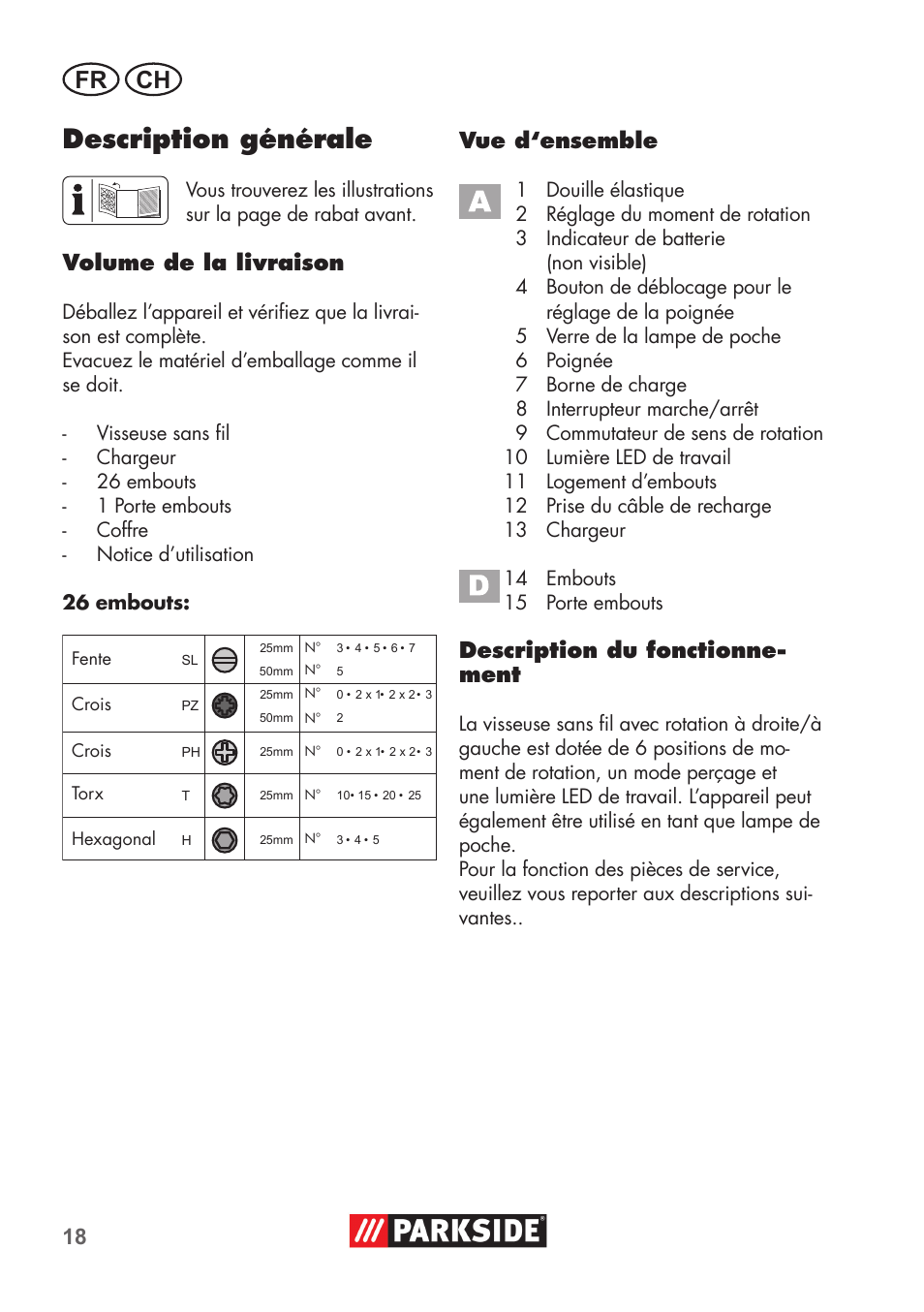 Description générale, Fr ch, Volume de la livraison | Vue d‘ensemble, Description du fonctionne- ment | Parkside PSSA 3.6 C3 User Manual | Page 18 / 58
