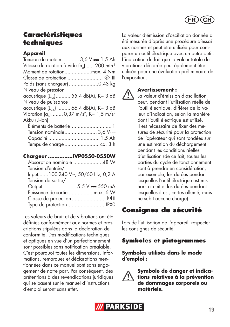 Caractéristiques techniques, Consignes de sécurité, Fr ch | Parkside PSSA 3.6 C3 User Manual | Page 19 / 58