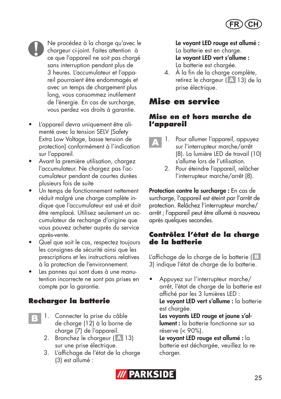 Mise en service, Fr ch | Parkside PSSA 3.6 C3 User Manual | Page 25 / 58