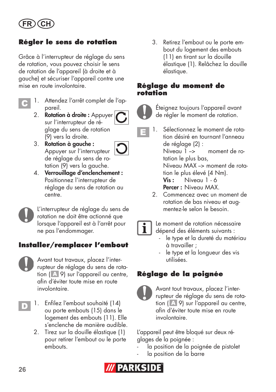 Fr ch | Parkside PSSA 3.6 C3 User Manual | Page 26 / 58