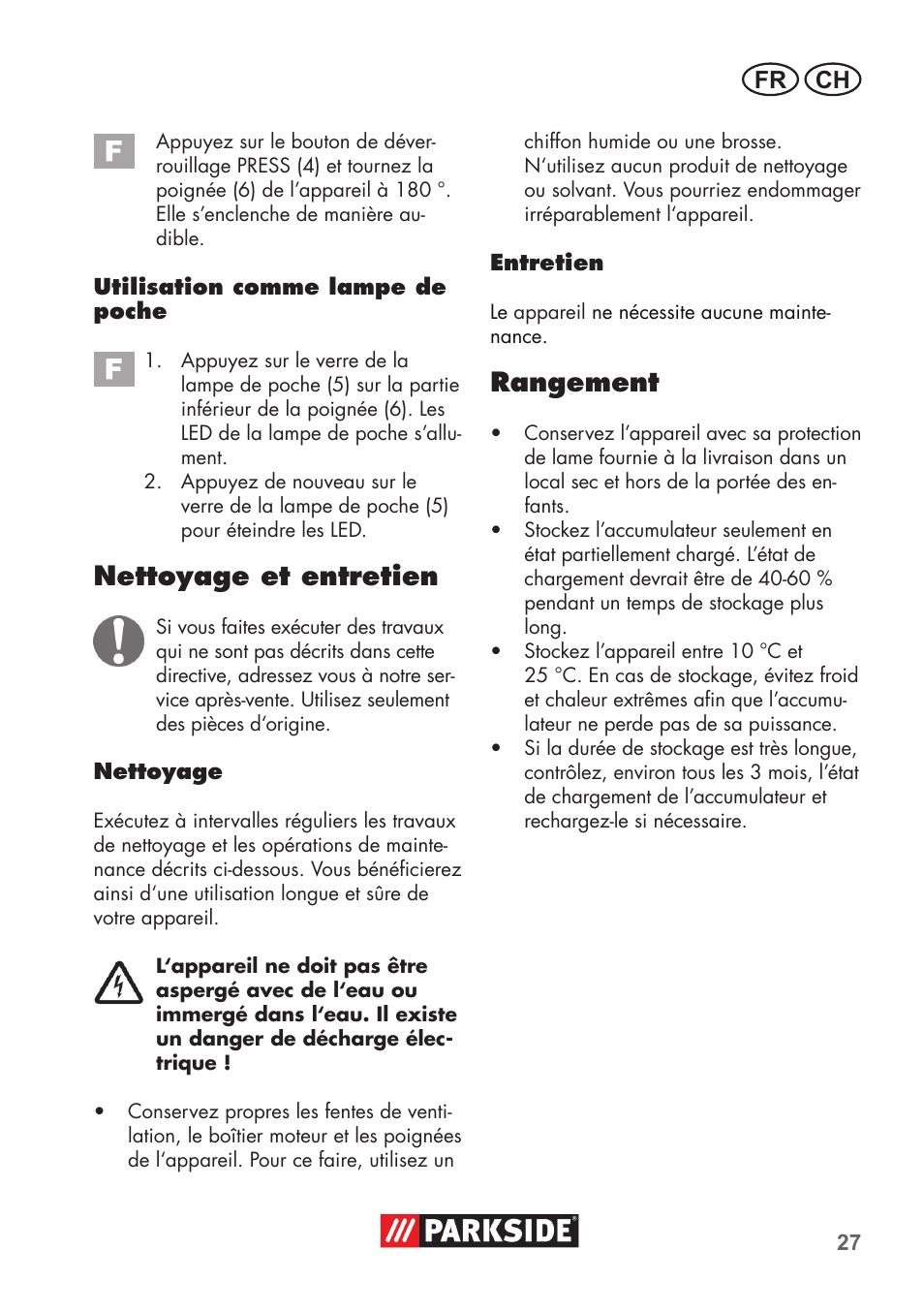 Nettoyage et entretien, Rangement, Fr ch | Parkside PSSA 3.6 C3 User Manual | Page 27 / 58