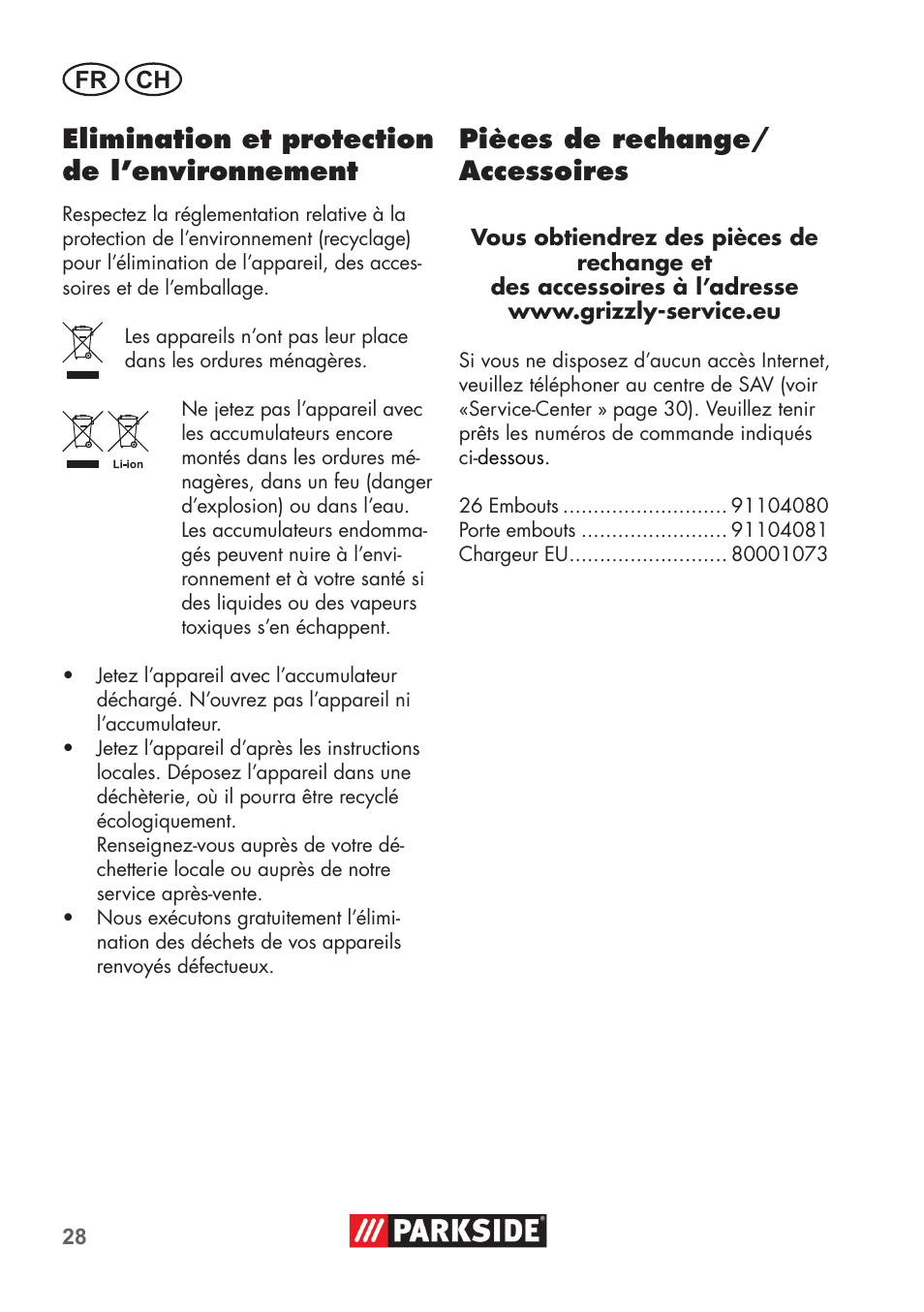 Elimination et protection de l’environnement, Pièces de rechange/ accessoires | Parkside PSSA 3.6 C3 User Manual | Page 28 / 58