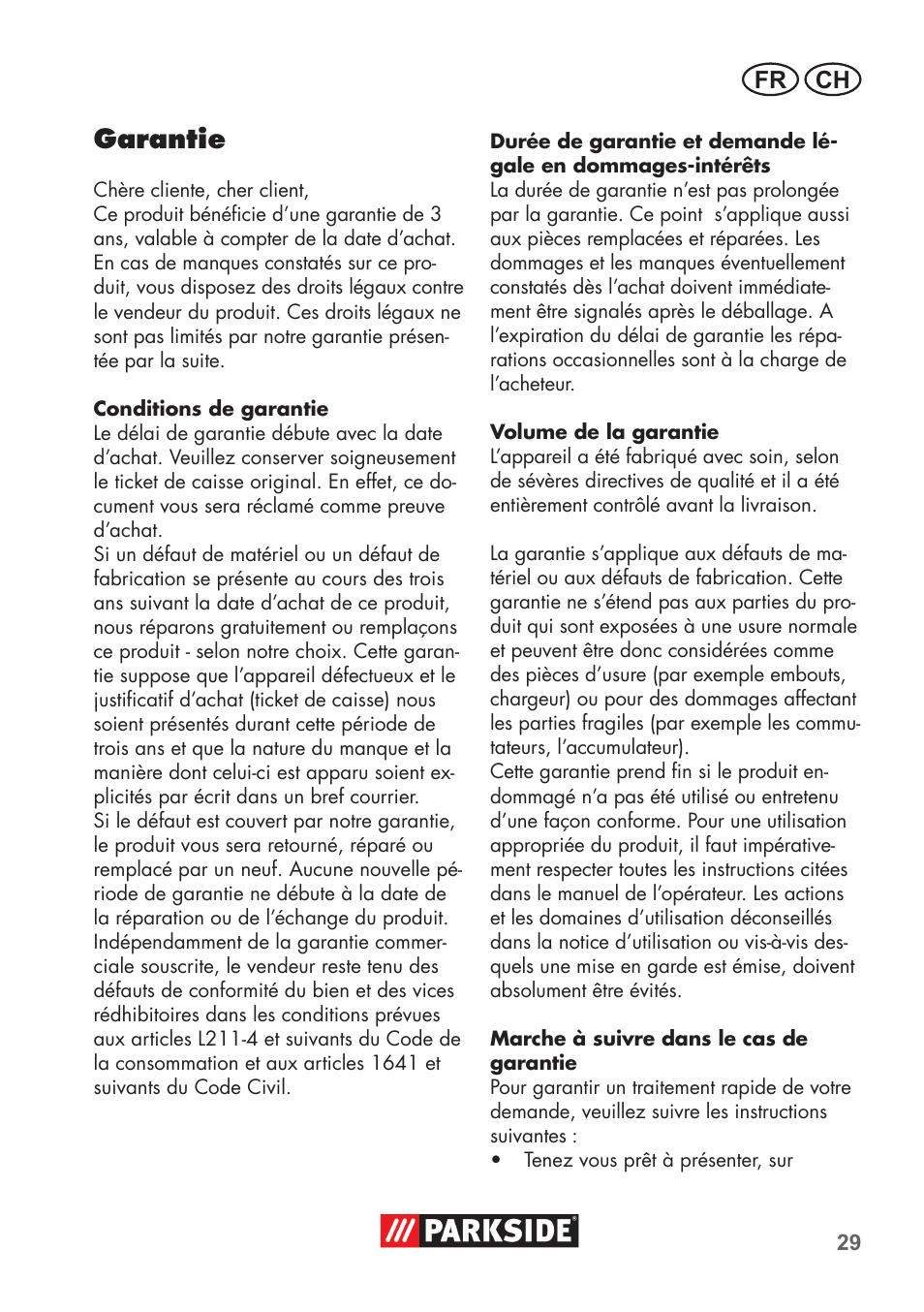 Garantie, Fr ch | Parkside PSSA 3.6 C3 User Manual | Page 29 / 58