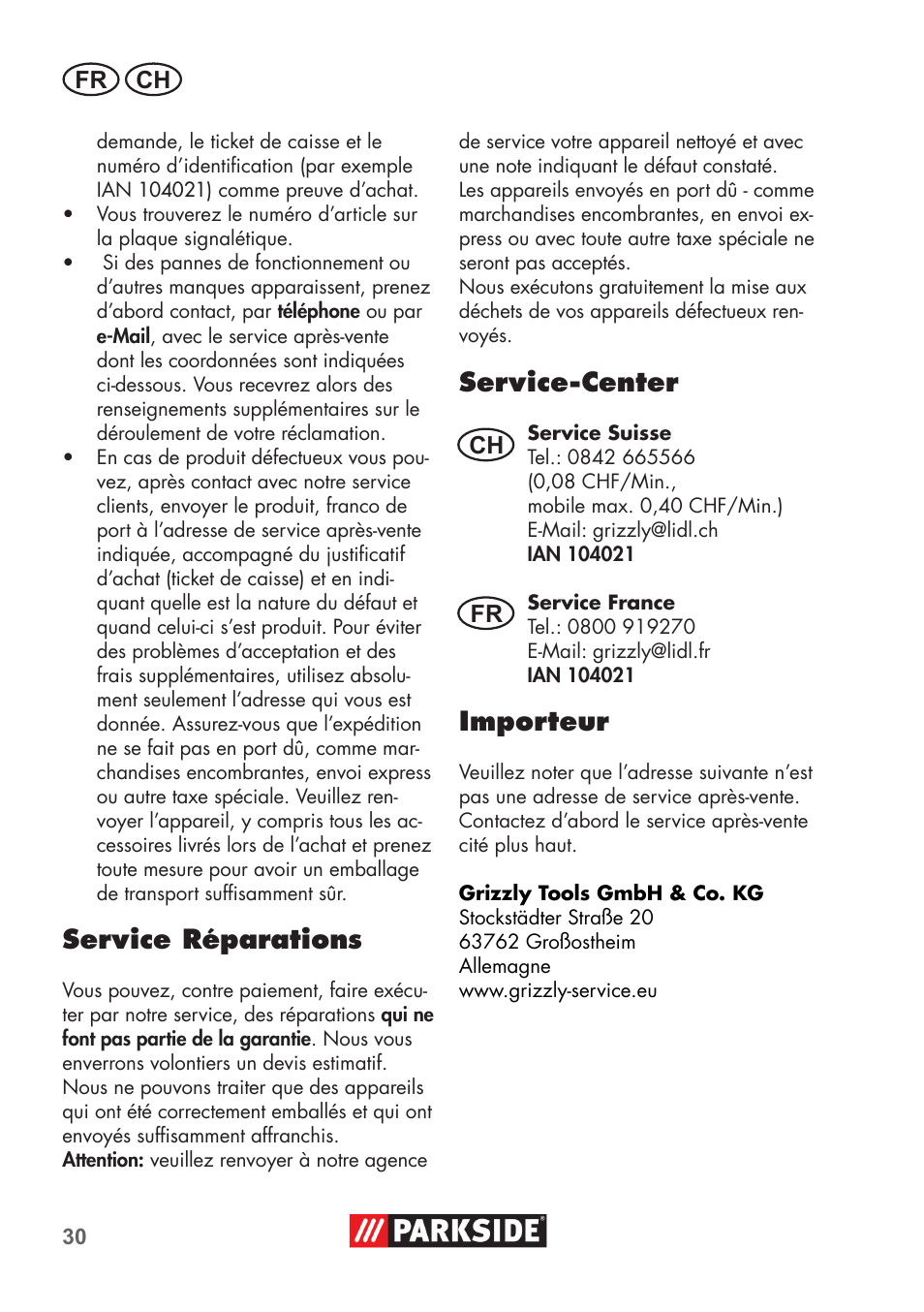 Service réparations, Service-center, Importeur | Fr ch, Ch fr | Parkside PSSA 3.6 C3 User Manual | Page 30 / 58