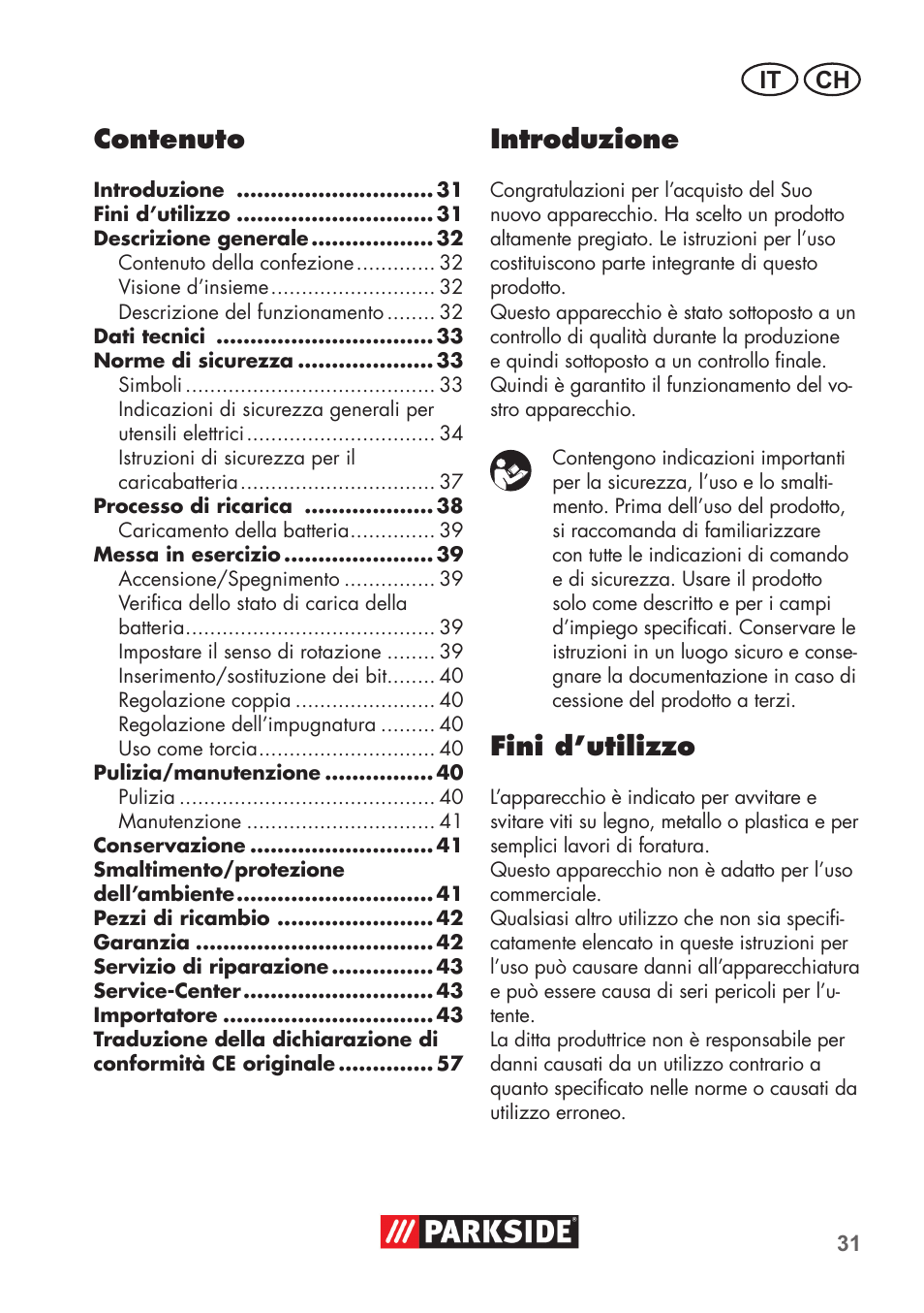 Contenuto, Introduzione, Fini d’utilizzo | It ch | Parkside PSSA 3.6 C3 User Manual | Page 31 / 58