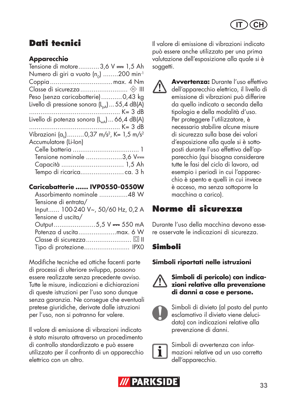 Dati tecnici, Norme di sicurezza, It ch | Parkside PSSA 3.6 C3 User Manual | Page 33 / 58