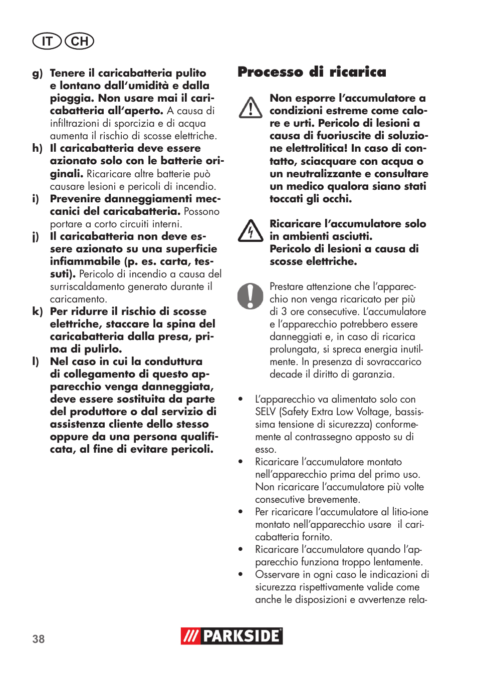 Processo di ricarica, It ch | Parkside PSSA 3.6 C3 User Manual | Page 38 / 58