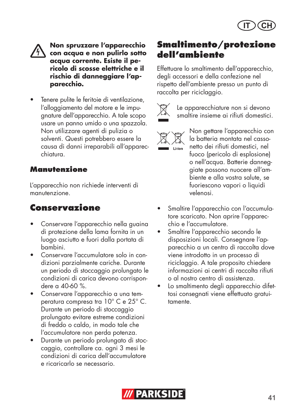 Conservazione, Smaltimento/protezione dell’ambiente, It ch | Parkside PSSA 3.6 C3 User Manual | Page 41 / 58