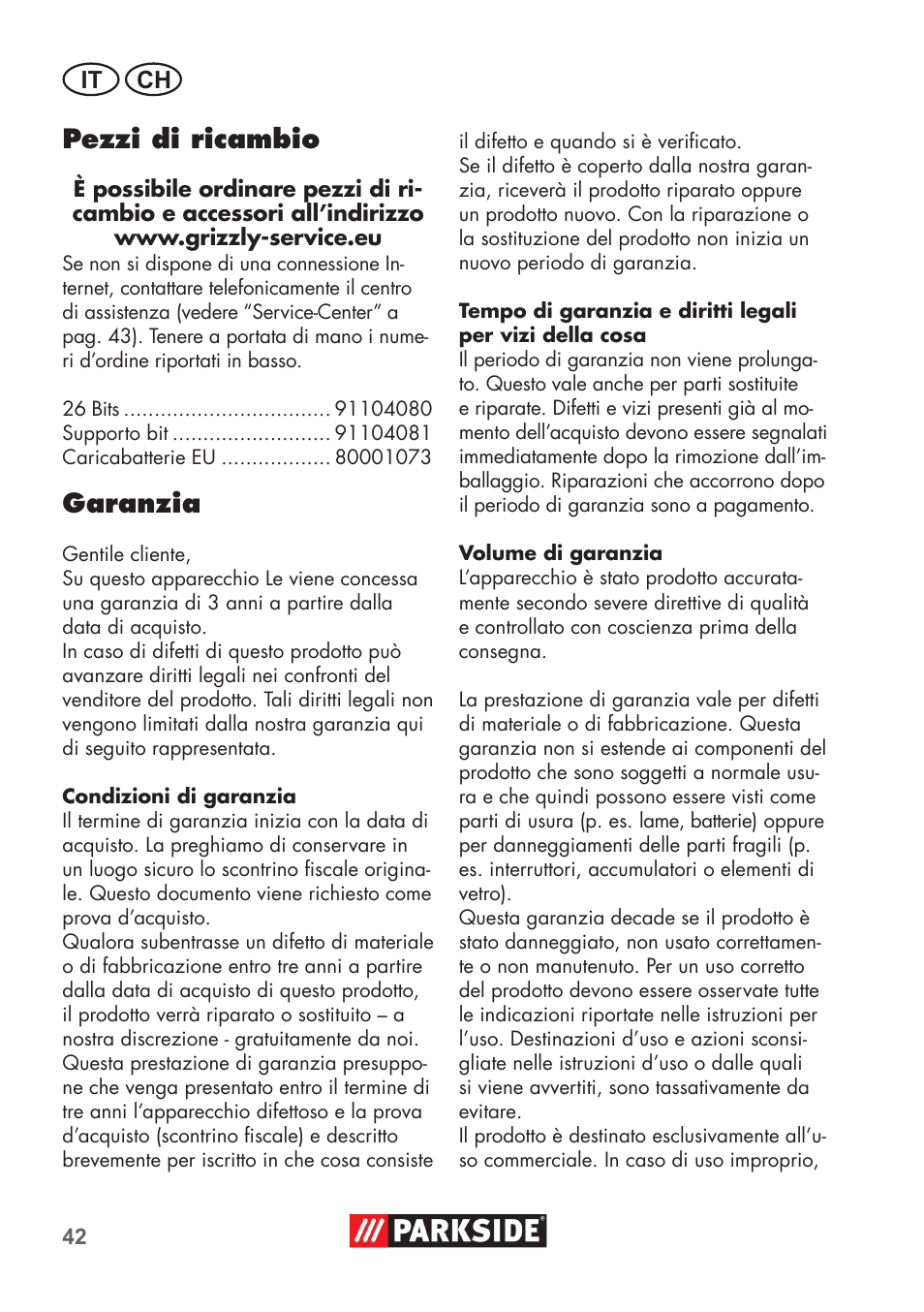 Pezzi di ricambio, Garanzia, It ch | Parkside PSSA 3.6 C3 User Manual | Page 42 / 58