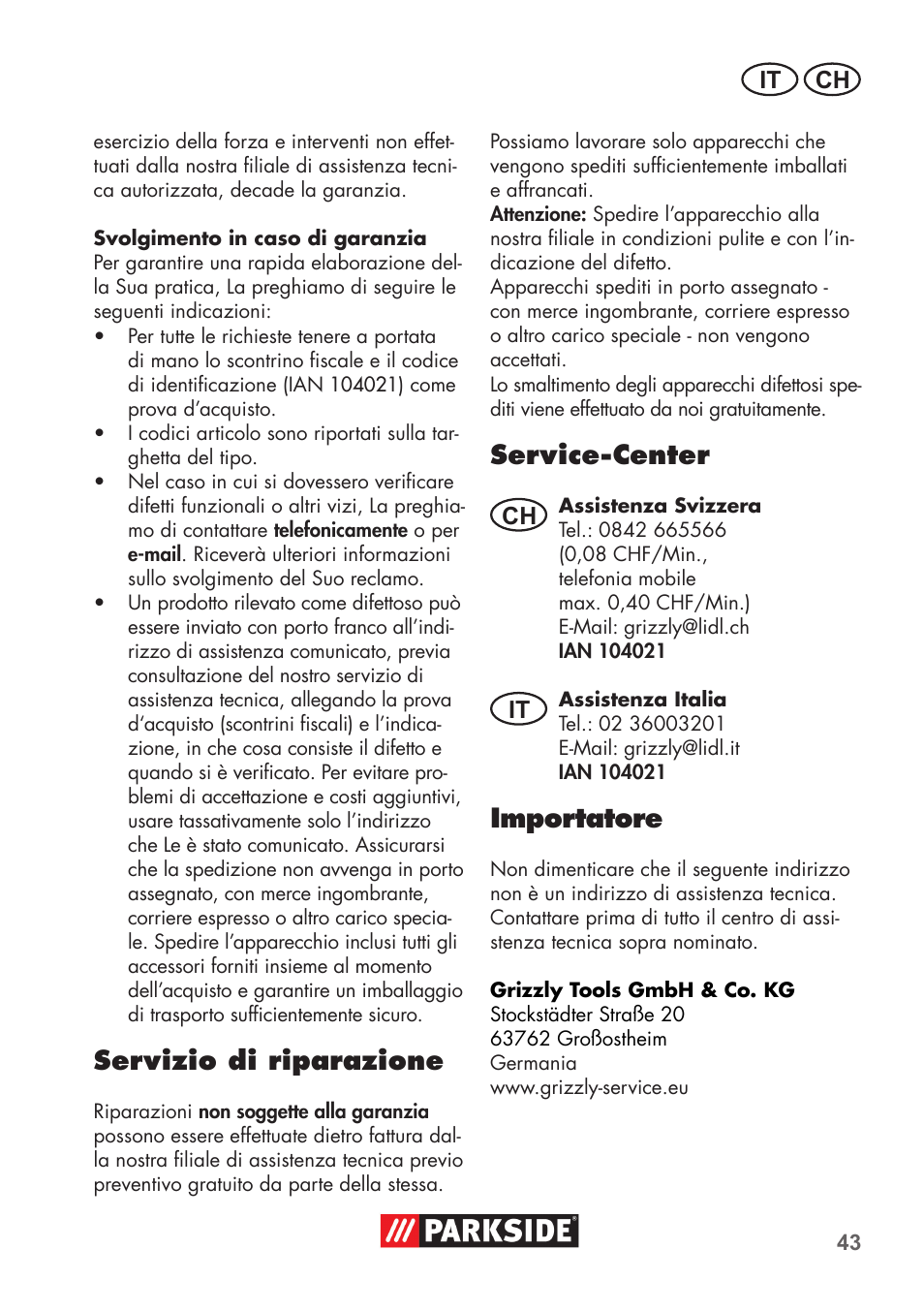 Servizio di riparazione, Service-center, Importatore | It ch, Ch it | Parkside PSSA 3.6 C3 User Manual | Page 43 / 58