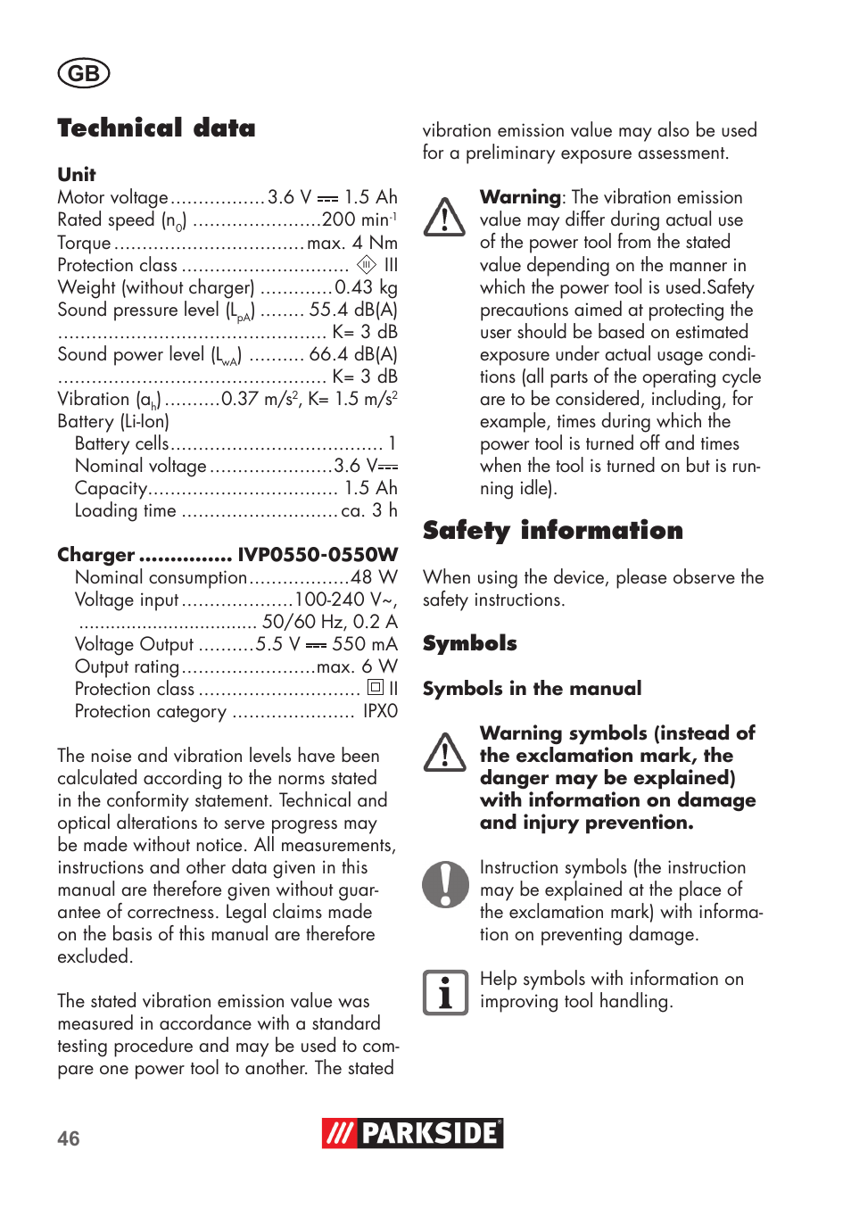 Technical data, Safety information | Parkside PSSA 3.6 C3 User Manual | Page 46 / 58