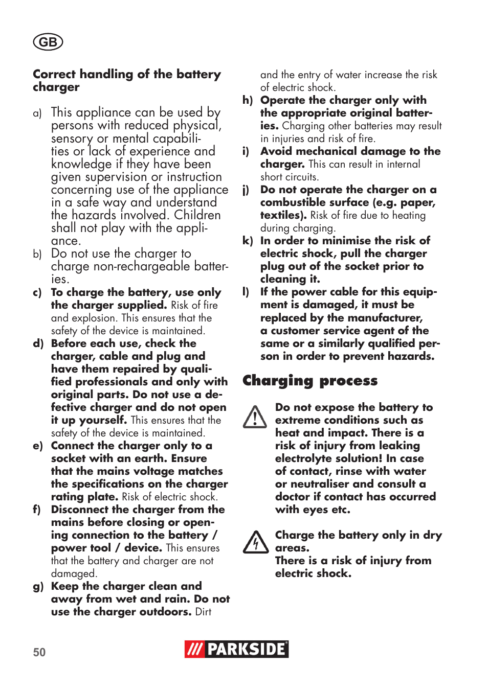 Charging process | Parkside PSSA 3.6 C3 User Manual | Page 50 / 58