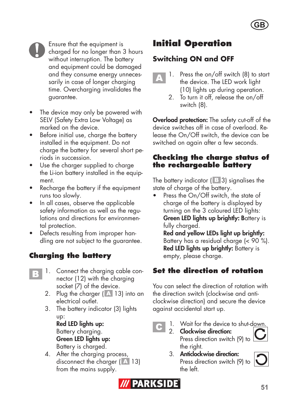 Initial operation | Parkside PSSA 3.6 C3 User Manual | Page 51 / 58