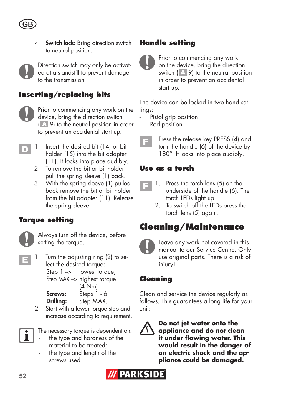 Cleaning/maintenance | Parkside PSSA 3.6 C3 User Manual | Page 52 / 58