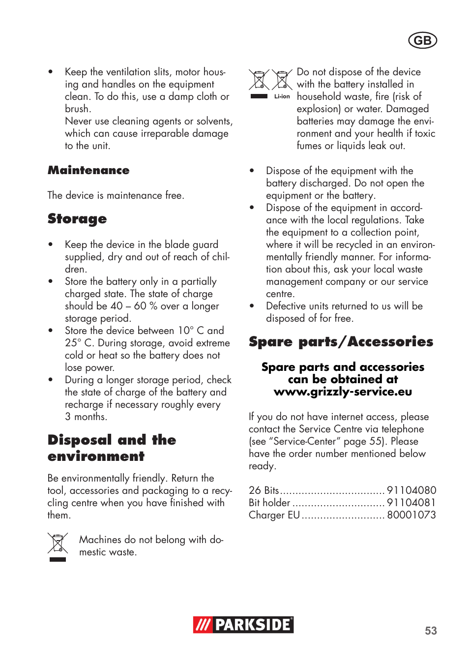 Storage, Disposal and the environment, Spare parts/accessories | Parkside PSSA 3.6 C3 User Manual | Page 53 / 58