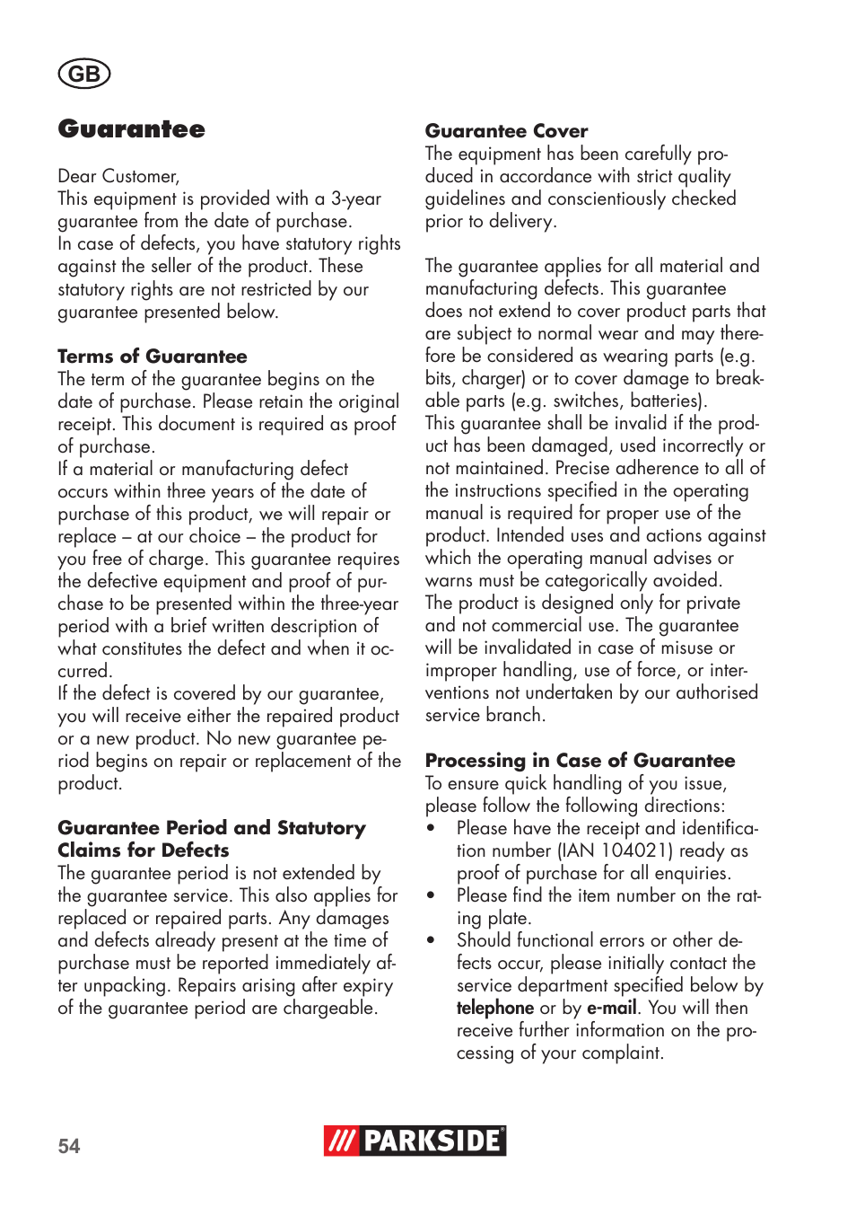 Guarantee | Parkside PSSA 3.6 C3 User Manual | Page 54 / 58