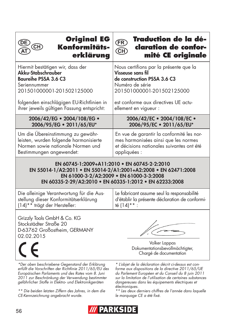 Parkside PSSA 3.6 C3 User Manual | Page 56 / 58