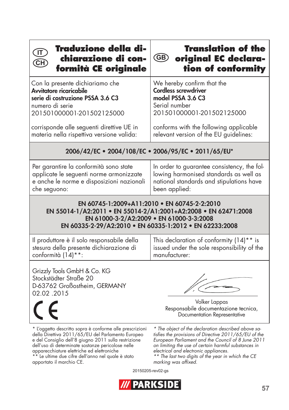 Parkside PSSA 3.6 C3 User Manual | Page 57 / 58