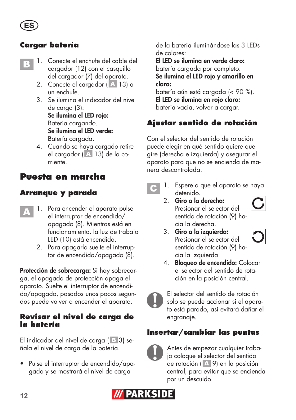 Puesta en marcha | Parkside PSSA 3.6 C3 User Manual | Page 12 / 74