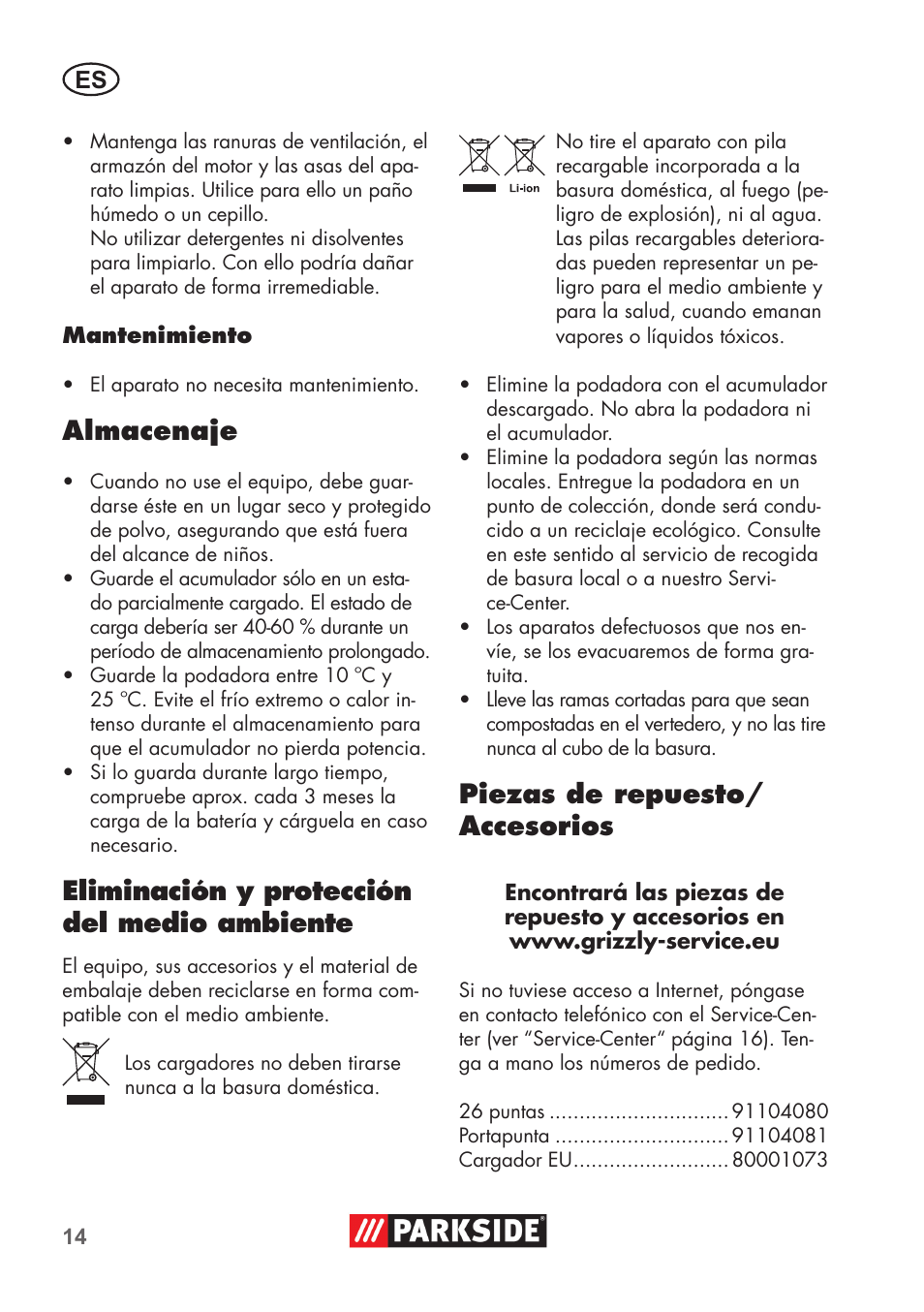 Almacenaje, Eliminación y protección del medio ambiente, Piezas de repuesto/ accesorios | Parkside PSSA 3.6 C3 User Manual | Page 14 / 74