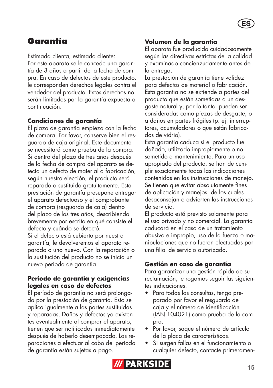 Garantía | Parkside PSSA 3.6 C3 User Manual | Page 15 / 74