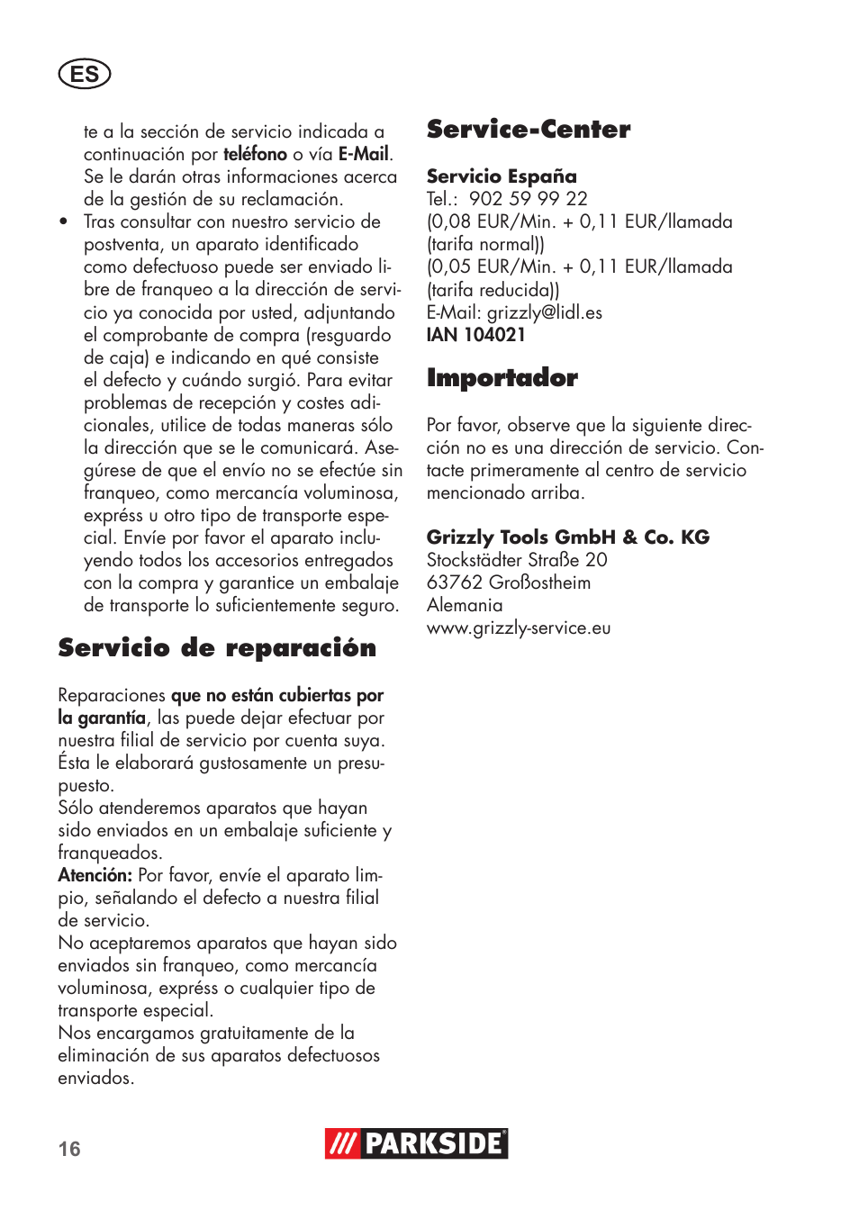 Servicio de reparación, Service-center, Importador | Parkside PSSA 3.6 C3 User Manual | Page 16 / 74
